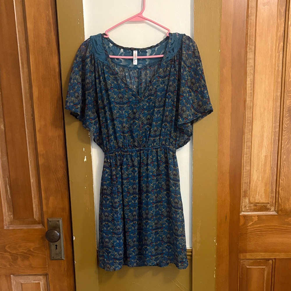 Xhilaration Teal and Black Patterned Mini Dress
